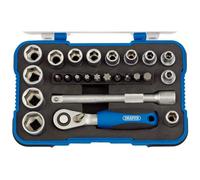 Draper 1/4" 25 Piece Square Drive Metric Socket Set | Micrometre Reversible Hand Tool |Soft Grip Ratchet | 12 Metrics Sockets Mechanics Car Tools | P