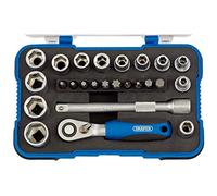 Draper 1/4" 25 Piece Square Drive Metric Socket Set | Micrometre Reversible Hand Tool |Soft Grip Ratchet | 12 Metrics Sockets Mechanics Car Tools | Plastic Storage Case | Hex Bit Adaptor | 16354