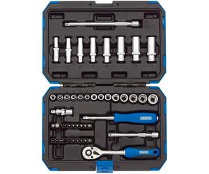 Draper 1/4" 47 Piece Square Drive Metric Socket Set | Micrometre Reversible Hand Tool |Soft Grip Ratchet | 21 Metrics Sockets Mechanics Car Tools |