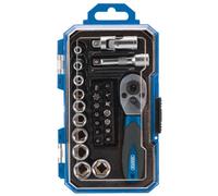 Draper 27-Piece Ratchet Metric Socket Set | 1/4 Inch Square Drive Ratchet Tool and Impact Sockets Set | Mechanics Workshop Hand Tools | 04778