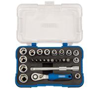 Draper 1/4" 25 Piece Square Drive Metric Socket Set | Micrometre Reversible Hand Tool |Soft Grip Ratchet | 12 Metrics Sockets Mechanics Car Tools | Plastic Storage Case | Hex Bit Adaptor | 16354