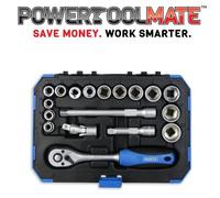 Draper 16359 18 Piece Metric 3/8" Sq Dr Hex Socket + Ratchet & Extension Bar Set
