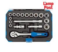DRAPER 18 Piece Metric 3/8" Sq Dr Hex Socket + Ratchet & Extension Bar Set 16359