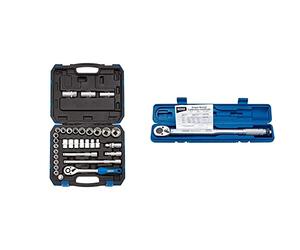 Draper 16363 1/2-Inch Square Drive Combined MM/AF 33 Piece Socket Set & 30357 Micrometer Reversible Ratchet Torque Wrench, 1/2" Square Drive, 30Nm-210Nm, Blue