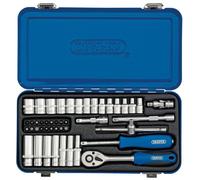 Draper 1/4" 45 Piece Square Drive Metric Socket Set | Micrometre Reversible Hand Tool |Soft Grip Ratchet | 12 Metrics Sockets Mechanics Car Tools | Metal Storage Case | Hex Bit Adaptor | 16365