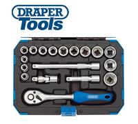 DRAPER 18 Piece Metric 3/8" Sq Dr Hex Socket + Ratchet & Extension Bar Set 16359