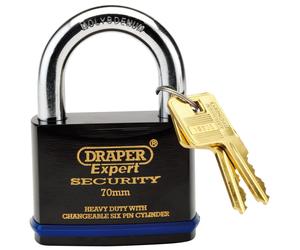 Draper 1x Expert 70mm Heavy Duty Padlock & 2 Keys Professional Tool 64195
