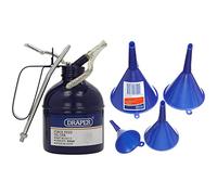 Draper 21719 Force Feed Oil Can, 500ml & 43853 Plastic Funnel Set, 50mm/75mm/100mm/115mm Ø, Blue, 4 Pcs, Pack of 4