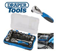 DRAPER 25 Pce Metric 1/4" Hex Socket + Mini Ratchet & Screwdriver Bit Set 16354