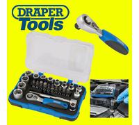 DRAPER 25 Pce Metric 1/4" Hex Socket + Mini Ratchet & Screwdriver Bit Set 16354