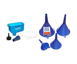 Draper 26327 Engine Oil Funnel with Tube Holds Square Rectangular Bottles, 30.5cm x 9.2cm x 14.4cm & 43853 Plastic Funnel Set, 50mm/75mm/100mm/115mm Ø, Blue, 4 Pcs, Pack of 4