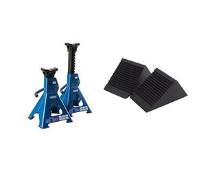 Draper 30881 Ratcheting Axle Stand, 3 Tonne Capacity, 34mm x 90mm Saddle, Pair & 54500 Rubber Wheel Chock, Pack of 2