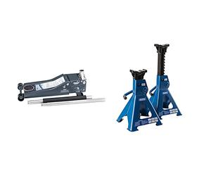 Draper 31481 Low Profile Quick Lift Trolley Jack, 2 Tonne Capacity & 30881 Ratcheting Axle Stand, 3 Tonne Capacity, 34mm x 90mm Saddle, Pair