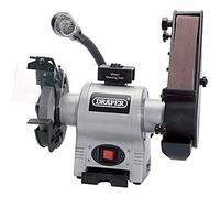 Draper 370W Bench Grinder and Sanding Belt | Powerful Motor Tool Sharpener | Integrated Worklight | Adjustable Eye Shield and Dust Extractor | 05096