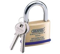 Draper 50mm Solid Brass Padlock And 2 Keys With Mushroom Pin Tumblers Hardened Steel Shackle And Bumper 64162