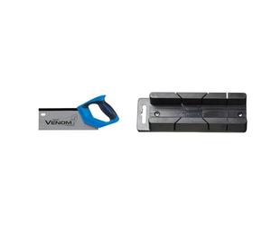 Draper 82199 Venom Double Ground 12PPI Tenon Saw, 250 mm Blade Length,Blue & Mini Mitre Block Box 200mm x 35mm x 50mm - 48677 - Wood Angle Cutting Guide Miter Tool