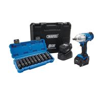 Draper D20 20V Brushless Mid-Torque Impact Wrench Kit, 1/2" Sq. Dr. & Metric Deep Impact Socket Set (10 Piece)