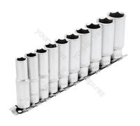 Draper Deep Socket Set on Metal Rail, 3/8" Sq. Dr. (10 Piece)