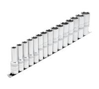 Draper Metric Deep Socket on a Metal Rail 1/2"D 15 Piece 6 Point Chrome 16499