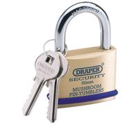 Draper Solid Brass Padlock & 2 Keys with Mushroom Pin Tumblers Hardened Steel Shackle & Bumper, 50mm