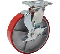 Swivel Plate Fixing Heavy Duty Polyurethane Wheel with Brake, 200mm Diameter, S.W.L. 500kg