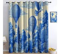 Drapes Hot Air Balloon Flying Forest Retro Scenery Drop Curtain, Thermal Insulated Eyelet Blackout Energy Saving, for Living Room 46 x 54 Inch Overall Size: 2 Panels (combined W 234 x L 138 cm), Blue