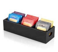 DRASTAR Tea Bag Organizer, Black Wooden Tea Bag Holder, Tea Storage Containers with 3 Slots, Sugar Packet Holder, Tea Bag Caddy Box for Countertop