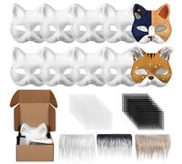 Draupnir 10 Pcs Cat Mask, Therian Masks, Fox Cat Mask with Fur and Eye Mesh, DIY Blank Paper Masks Painting Set for Masquerade, Carnival, Cosplay, Halloween, Party