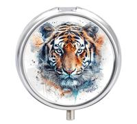 Draw A Tiger Face Pill Box - 3 Compartment Travel Pill Organizer with Small Mirror, Portable Pillcase for Pocket & Purse, Cute Round Medicine Case, Weekly Medicine Container