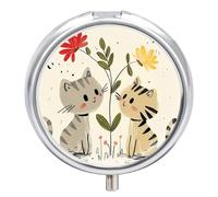 Draw Two Cats Pill Box Round Portable Small Pill Case Waterproof Travel Pill Box Organizer for Pocket Purse and Daily Convenience