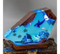 Drawelry 3D Resin Ocean Animal Figures Night Light Ornaments with Wooden Base USB Cable Epoxy Resin Marine Statue Decoration Multicoloured LED Night Lamp for Living Room Bedroom Children's Room