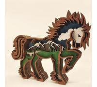 Drawelry 3D Wooden Animals Carving Sculptures Ornament, Multilayer Wood Synthesis Forest Animal Engraving Shelf Statues Craft for Home Office Desktop Christmas New Year Festival Decor (Horse)