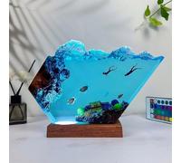 Drawelry Ocean Epoxy Resin Wood Lamp, Handmade Wave Shape LED Night Light, Deep Sea Diver Cave Diving Decor Multicolor Aquatic Lamp, Birthday Gift forMen Dad Family Friends (Sea Turtle)