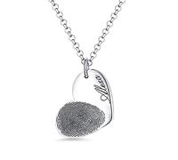 Drawelry Personalised Fingerprint Necklace, Sterling Silver Heart Pendant with Custom Name Text Engraving, Memorial Keepsake Gift for Her Anniversary Birthday Present for Couples (Silver-1)