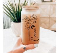 Drawelry Personalised Glass for Women Glass Cups with Lid and Straw,Custom Birth Flower and Name,Gifts for Women,Coffee Cups with Lids,Personalised Tumbler,Christmas Valentines Birthday Gifts (A4)