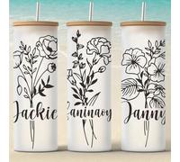 Drawelry Personalized Name Birth Flower Glass Cup, 16 OZ Can Shaped Cups with Lid and Straw, Drinking Beer Glass Iced Coffee Cute Tumbler Cup, Christmas Birthday Gifts for Women (20 OZ)