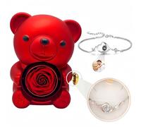Drawelry Personalized Projection Bracelet with Real Rose Bear Jewelry Box, Preserved Eternal Roses Hug Bear Gifts Set, Heart Tulip Bracelet Bear Box Valentine's Day Birthday Gifts for Woman