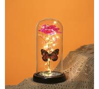 Drawelry Preserved Flower Rose Glass Dome with LED Light, Simulated Rose Luminous Butterfly Glass Cover, Birthday Wedding Gift for Women Girlfriend (Pink)