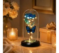 Drawelry Preserved Flower Rose Glass Dome with LED Light, Simulated Rose Luminous Butterfly Glass Cover, Birthday Wedding Gift for Women Girlfriend (Blue)
