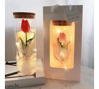Drawelry Tulip Glass Bottle Bouquet with LED Light, Simulated Tulip Flower Night Light, Birthday Wedding Gift Tulip Lighting Home Bedroom Decor for Women Girlfriend (Red)