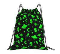 Drawstring Backpack Alien Spaceships Planet Green Sports Gym Bag Water Repellency Boys Storage Pouch, For Holidays, Beach, Children, 36x42cm