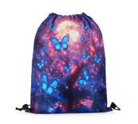 Drawstring Backpack Blue Butterfly Yellow Moon Pink Flowers Tree Travel Bag Adults Large Rucksack, For Hiking, Sports, Activities, 36x42cm