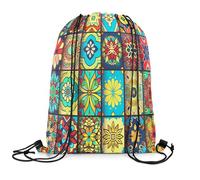 Drawstring Backpack Bohemian Style Colorful Retro Patchwork Ethnic Plaid Unisex String Bag Folding Water Repellency Rucksack, For Sports, Yoga, Activities, 36x42cm