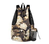 Drawstring Backpack Camp Bag With Water Bottle Holder Cinch Pack Wet and Dry Separation Gold Flower Black
