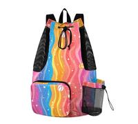 Drawstring Backpack For Swim Gym Bag With Water Bottle Holder String Back Pack Waterproof Handball Wave Pattern Colorful