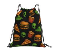 Drawstring Backpack Green Spaceships Aliens Pizzas Drawstring Bag Girls Adults Rucksack, For Swimming, Children, Holidays, 36x42cm