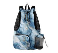 Drawstring Backpack Pool Bag With Water Bottle Pocket String Bag Wet and Dry Separation Abstract Watercolor Painting Blue and White Marble
