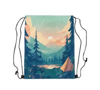Drawstring Backpack Scenery Watercolor Pine Trees Sunset Unisex String Bag Folding Large Sports Sack, For Yoga, Shopping, Travel, 36x42cm