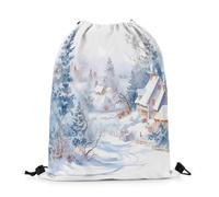 Drawstring Backpack Winter Cabin Watercolor Wild Pine Trees Drawstring Sport Bag Adults Water Repellency Storage Pouch, For Birthday, Women, Yoga, 36x42cm