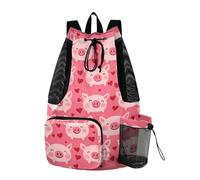 Drawstring Backpacks Gym Sackpack With Water Bottle Pocket Cinch Bags Wet and Dry Separation Happy Valentine Cartoon Pig Red